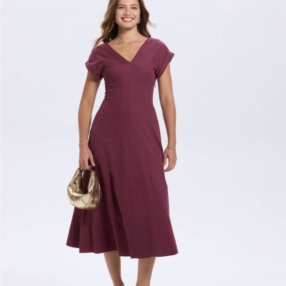 a new day V-Neck Midi Dress in Wine/Burgundy size xs Side Pockets